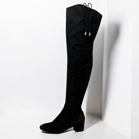 Brian Atwood Shoes - Brian Atwood Mally OTK Block Heel Suede Black Lace Up Boots Size 8 M